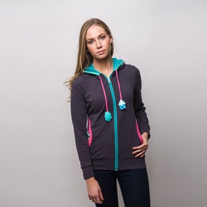 Funny Womens Hoodie with zipper, Cute Cupcake Zip Up Hooded Sweatshirt, Colorful zipper Sweater Eco Friendly Gift for Her