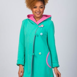 Lined Asymmetric Hooded Coat, Cozy button across jacket, Organic cotton wrap jacket image 6