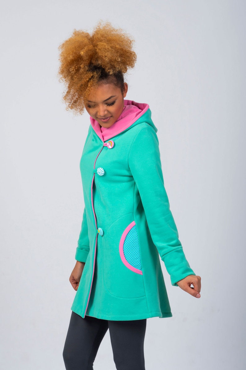 Lined Asymmetric Hooded Coat, Cozy button across jacket, Organic cotton wrap jacket image 4