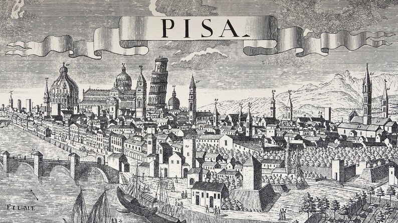 Edizioni Ponte Vecchio by G B Probst F B Werner Vintage art engraving print of Perspective view of Pisa Pisa city map