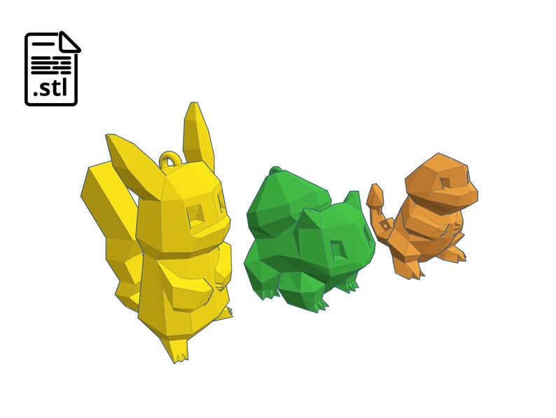 Może przedstawiać: Trzy postaci Pokemon&oacute;w wydrukowane w 3D: Pikachu, Bulbasaur i Charmander. Pikachu jest ż&oacute;łty, Bulbasaur jest zielony, a Charmander jest pomarańczowy.