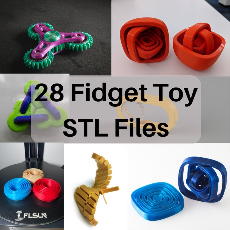 May include: A collection of 28 3D printed fidget toys in various colors and designs. The toys include a purple and green fidget spinner, a red and orange interlocking ring toy, a blue and green interlocking triangle toy, a yellow interlocking ring toy, a yellow interlocking chain toy, and a blue interlocking ring toy.