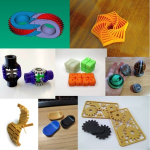 May include: A collection of 3D printed gears, puzzles, and toys. The items are made in various colors, including orange, green, black, and purple. Some of the gears are interlocking, while others are stand-alone. The puzzles are made of interlocking pieces that can be assembled in different ways. The toys are designed to be fun and engaging for children and adults alike.