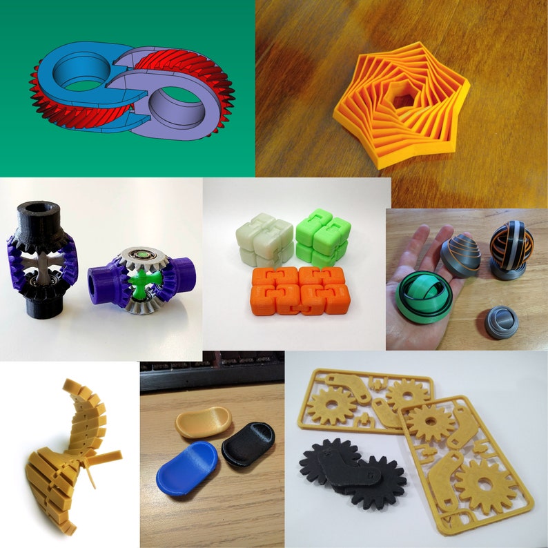 May include: A collection of 3D printed gears, puzzles, and toys. The items are made in various colors, including orange, green, black, and purple. Some of the gears are interlocking, while others are stand-alone. The puzzles are made of interlocking pieces that can be assembled in different ways. The toys are designed to be fun and engaging for children and adults alike.