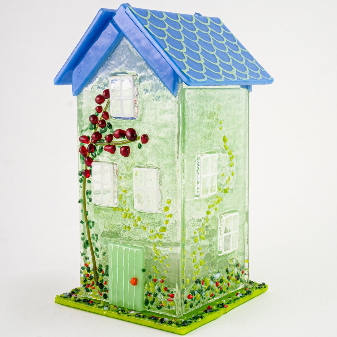 Tall Green Cottage with Blue Roof Fused Glass Tealight House Etsy
