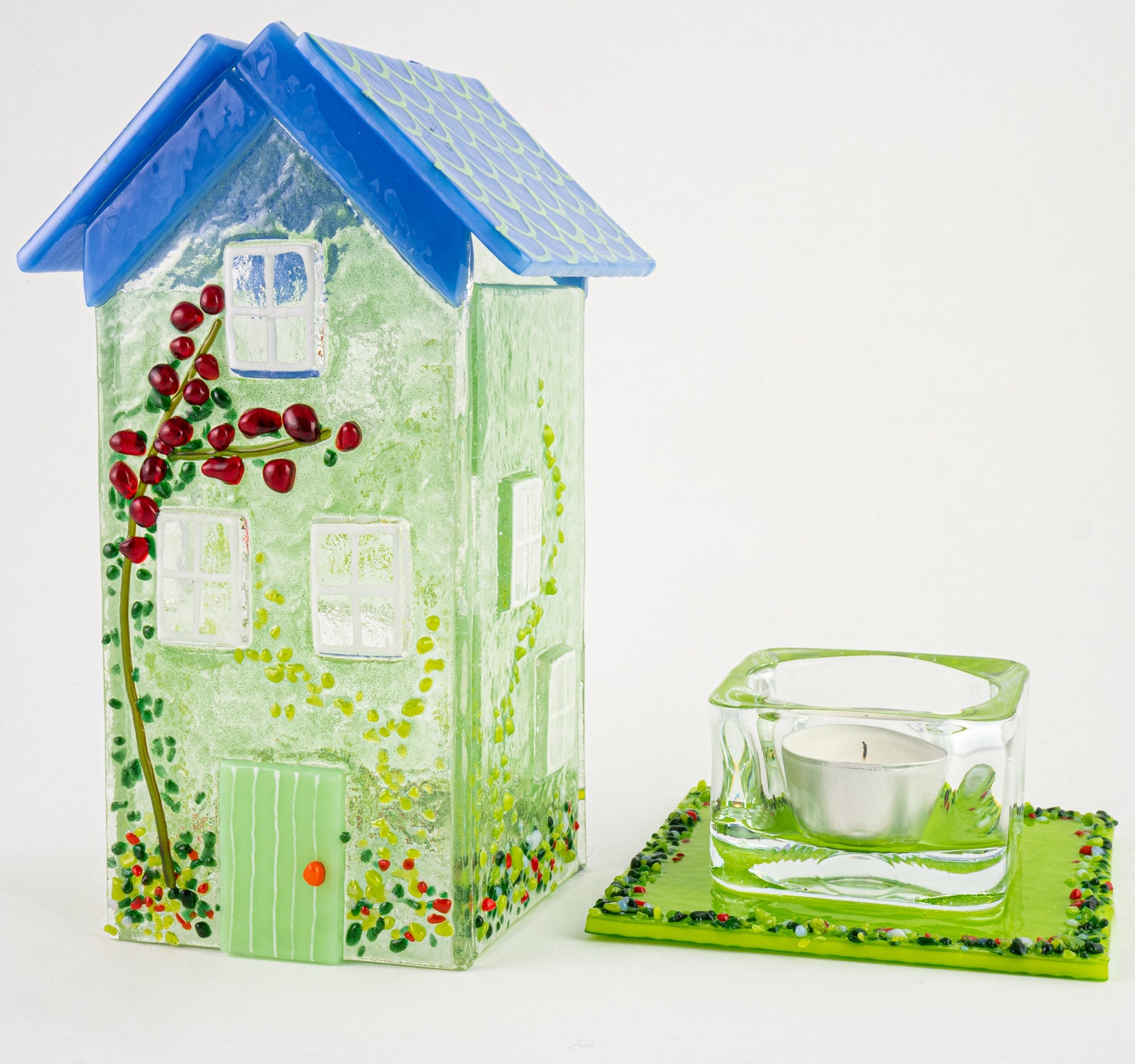 Tall Green Cottage with Blue Roof Fused Glass Tealight House Etsy