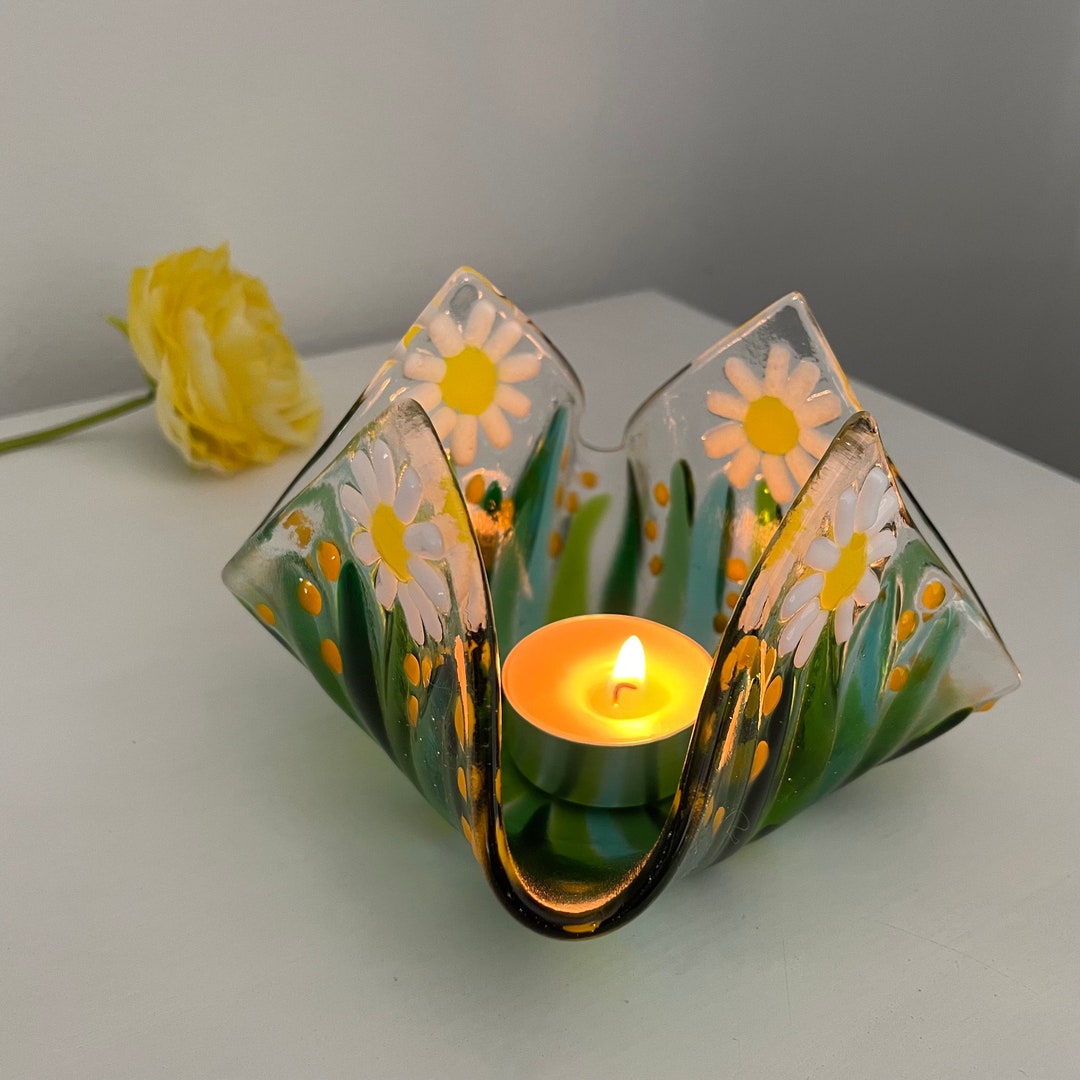 Daisy & Buttercup Meadow Fused Glass Tea Light Vase Etsy UK