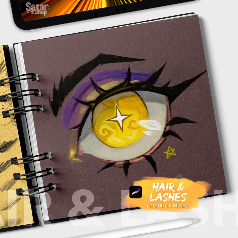 Sazor Hair & lashes Pencils Procreate Mini Pack for iPad and iPhone, 7 brushes included Hair strands and eyelashes! image 1