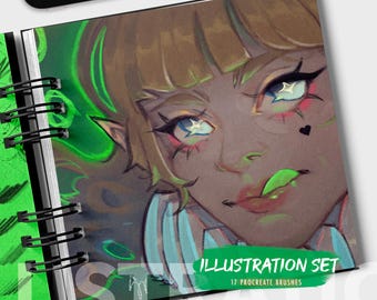 Illustration set (17 digital brushes) for Procreate, From sketch to final render and particles!