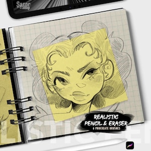 Puede incluir: Un cuaderno de espiral abierto en una página con una nota adhesiva amarilla. Se ve un boceto a lápiz de un rostro femenino. El texto "REALISTIC PENCIL & ERASER" y "6 PROCREATE BRUSHES" es visible. Un lápiz óptico blanco y una tableta también están presentes.