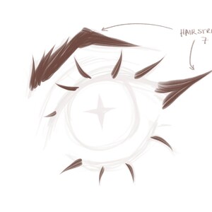 May include: A close-up of a stylised eye with a white star in the centre. The eye is surrounded by brown, spiky lashes. The text "HAIRSTRAND" is written above the eye.