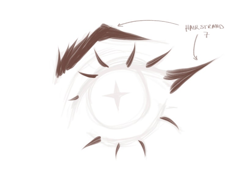 May include: A close-up of a stylised eye with a white star in the centre. The eye is surrounded by brown, spiky lashes. The text "HAIRSTRAND" is written above the eye.