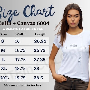 Bella Canvas 6004 size chart, Bella Mockup size chart, women&#39;s t-shirt mockup, Women&#39;s slim fit size chart, Bella Canvas size chart