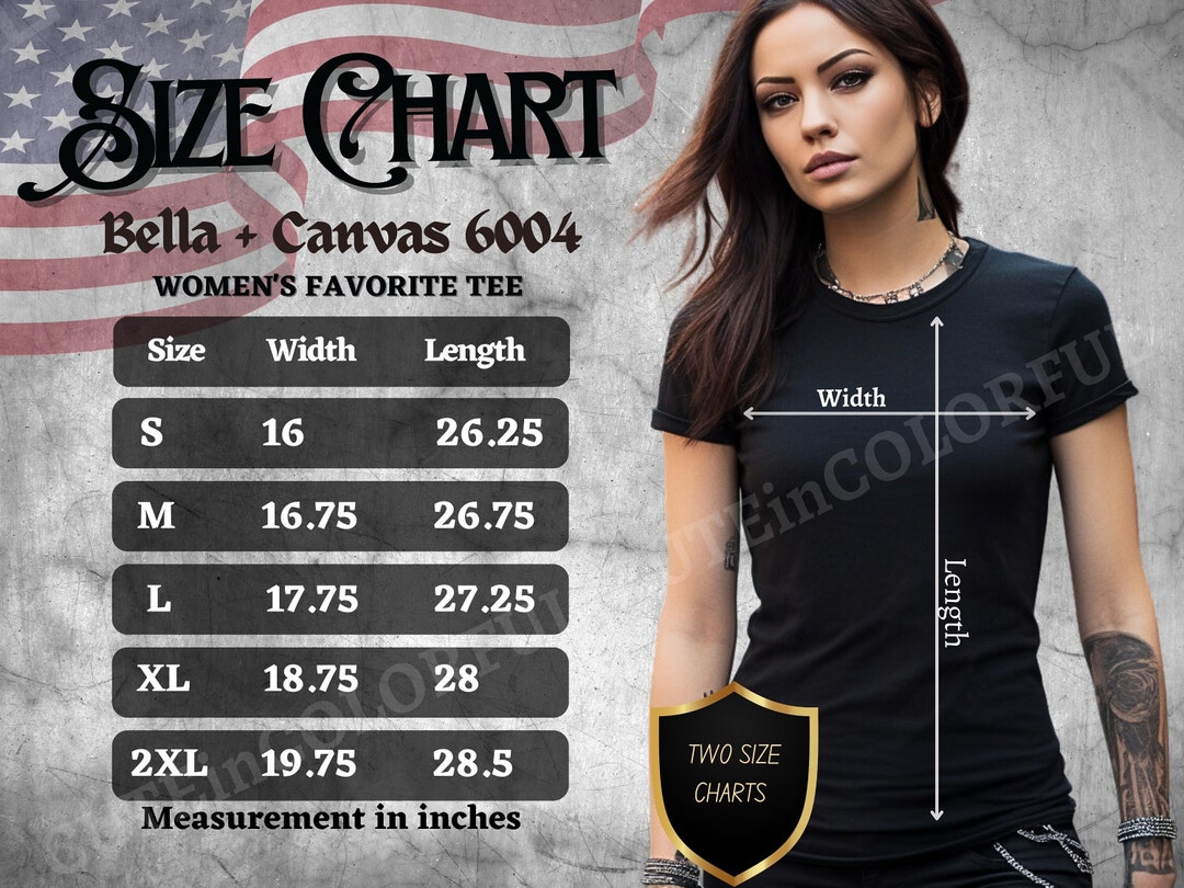 Bella Canvas 6004 Size Chart, 6004 Mockup, Women's Slim Fit Size Chart