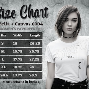 Bella Canvas 6004 size chart, Bella Mockup size chart, women&#39;s t-shirt mockup, Women&#39;s slim fit size chart, Bella Canvas size chart