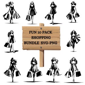 Paquete Lady Shop, Mujer Chica Contorno Silueta ClipArt, Compras de bodas, Pegatinas de tienda, SVG PNG, Fondo transparente, Cutfile, Cricut