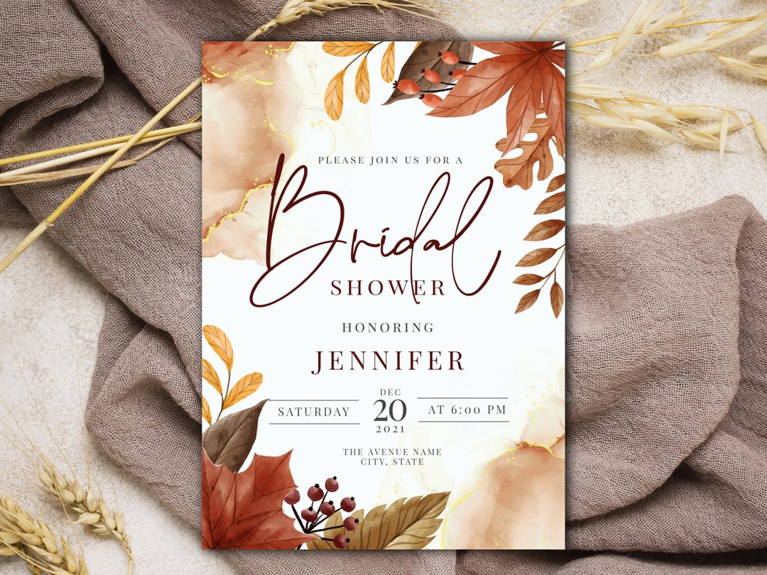 Fall Bridal Shower Invitation, Elegant Leaf Fall Bridal Shower, Rustic