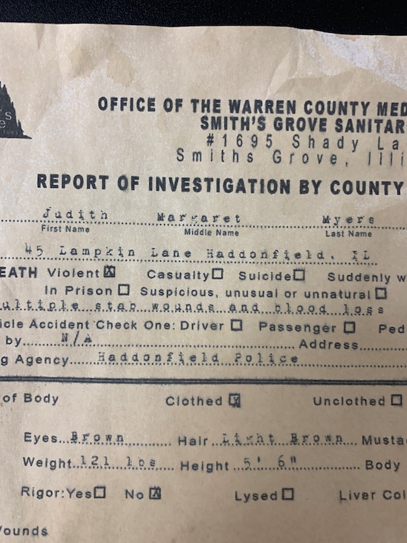 Halloween - Judith Myers Autopsy Report - Horror Movie Replica