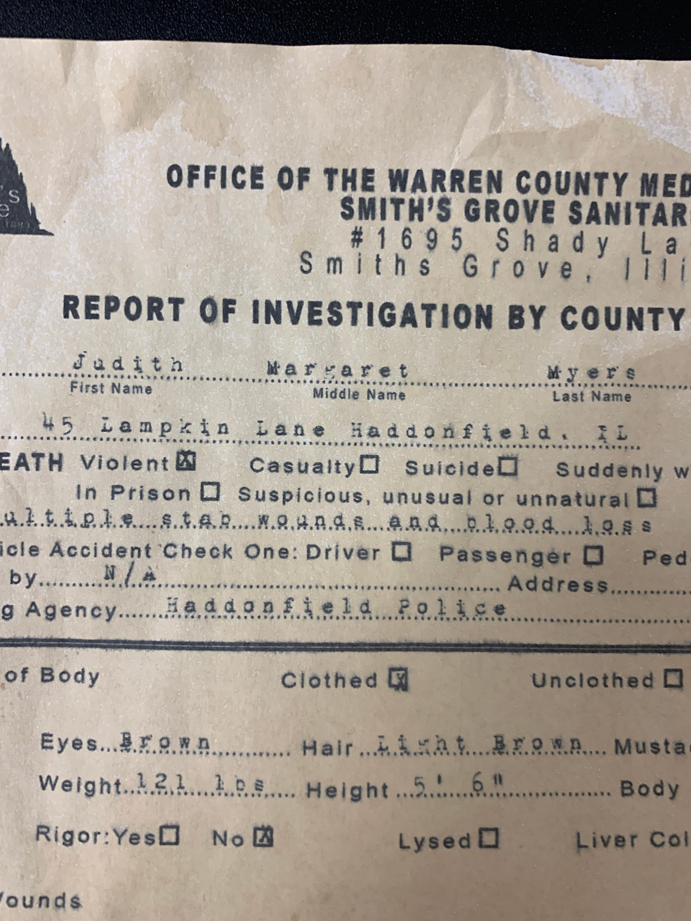 Halloween - Judith Myers Autopsy Report - Horror Movie Replica