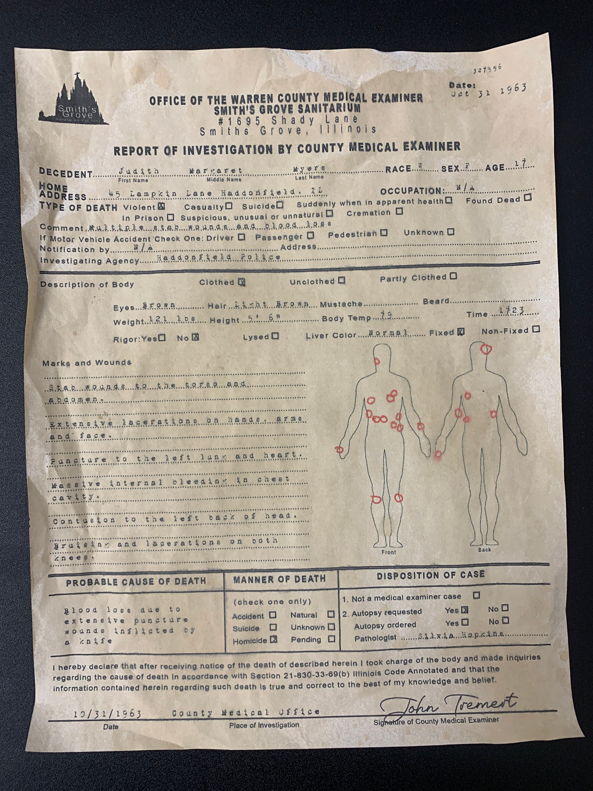 Halloween - Judith Myers Autopsy Report - Horror Movie Replica