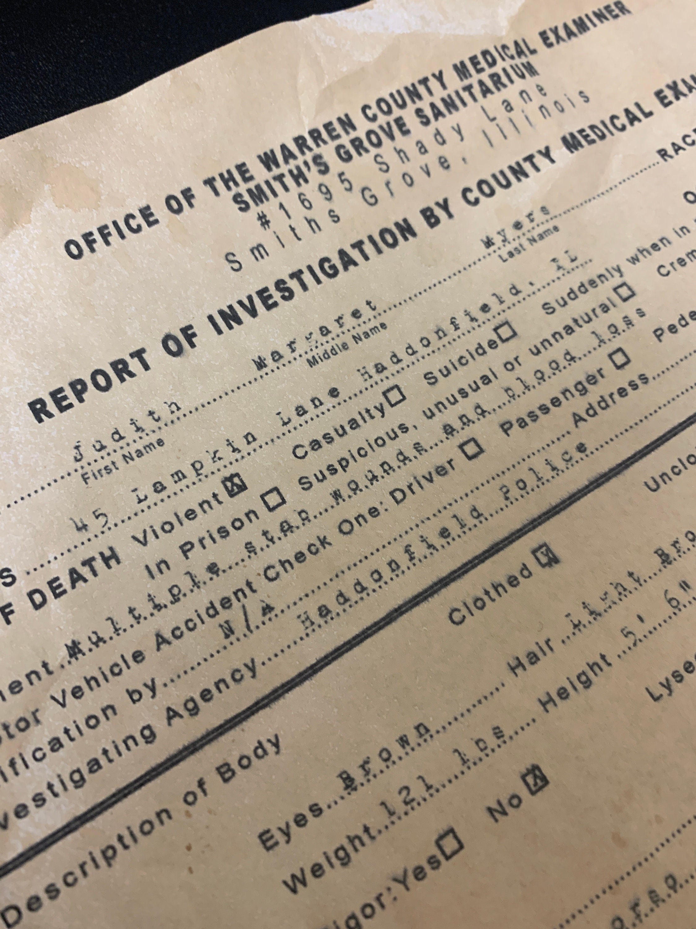 Halloween - Judith Myers Autopsy Report - Horror Movie Replica