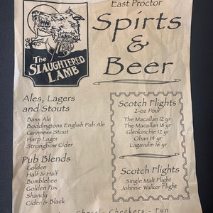 The Slaughtered Lamb Drink Menu - American Werewolf in London