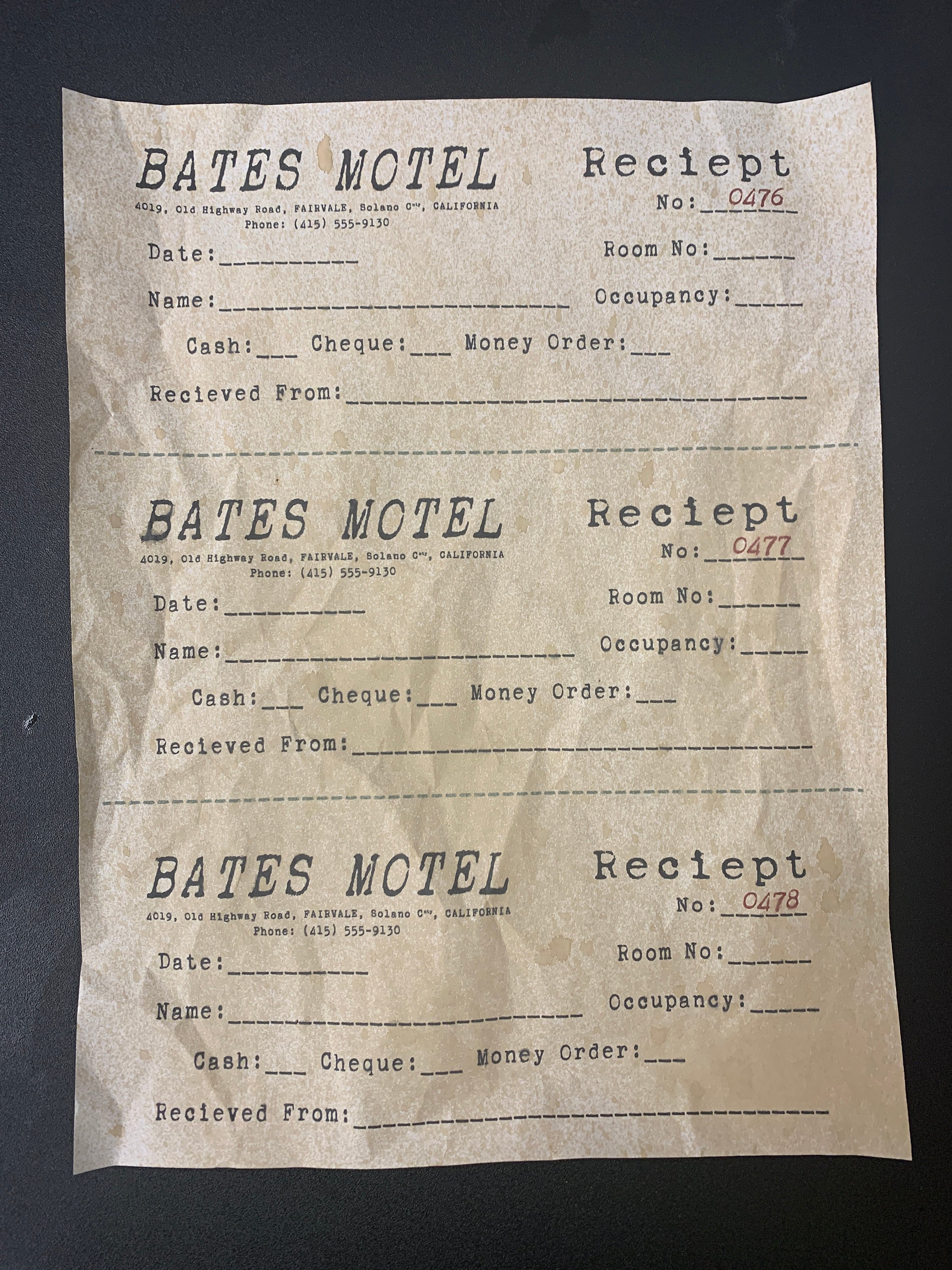 Bates Motel Receipt Sheet (three Receipts on Sheet) - Etsy