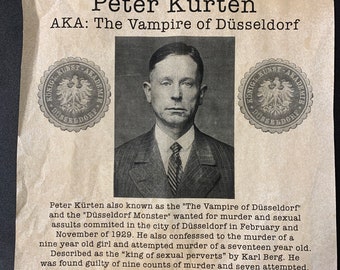 Peter Kürten -  "The Vampire of Düsseldorf" - Serial Killer Wanted Poster