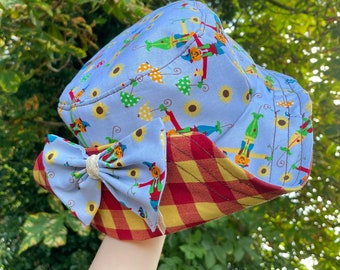 Handmade Autumnal Pumpkin Harvest Bucket Hat with Bow Wide Brim Front