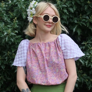 Vintage Inspired Handmade ‘Rosalie’ Floral & Gingham Blouse Size M