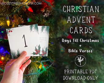 Tarjetas de Adviento Cuenta regresiva para Navidad DESCARGA DIGITAL / Tarjetas con versículos bíblicos cristianos, nacimiento de Jesús, tarjetas con números imprimibles