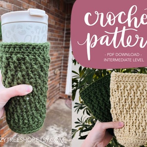 May include: Crochet pattern for a coffee cup cozy. The pattern is available as a PDF download and is for an intermediate level crocheter. The cozy is shown in two colors, green and beige.