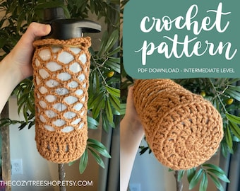 Botella de Agua de Malla Acogedor PATRON / Ganchillo PDF Patrón Intermedio, Manga, Portabotellas, Proyecto de Hilo