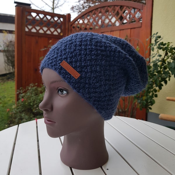 Damenmütze Herrenmütze blau Beanie gefüttert mit Fleece Handarbeit gestrickt Wolle und Alpaca unisex