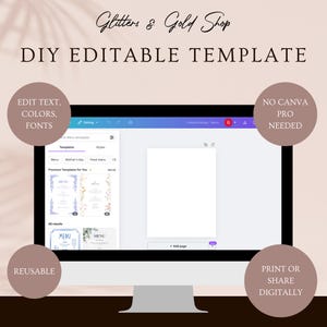 May include: A computer screen displaying a DIY editable template with the text "Glitters & Gold Shop" and "DIY EDITABLE TEMPLATE". The screen shows menu templates with options to edit text, colors, and fonts. Additional text includes "REUSABLE", "NO CANVA PRO NEEDED", and "PRINT OR SHARE DIGITALLY".