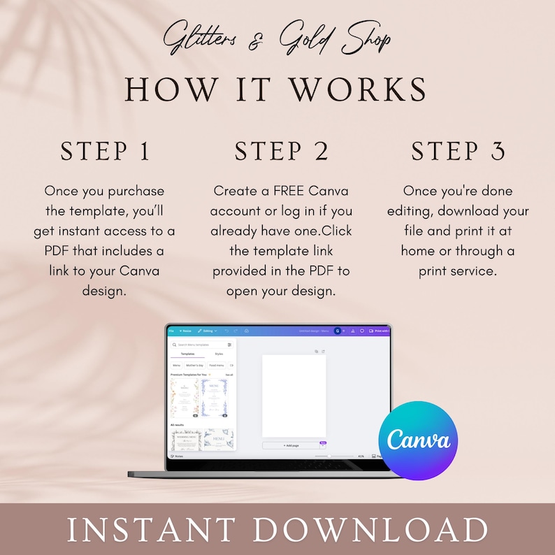 May include: A graphic showing the steps to use a Canva template. The steps are displayed on a light pink background with the text "Glitters & Gold Shop" at the top. A laptop displays a Canva design, and a Canva logo is visible.