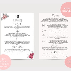 Peut inclure: Programme imprimable pour une cérémonie de mariage sikh. Le programme comprend des détails sur l'Anand Karaj, une cérémonie de mariage sikh traditionnelle, avec des sections pour le Baraat, le Milni, l'Ardaas, le Palla De Rosan et l'Anand Sahib. Le programme comprend également une description des quatre Lavans, ou hymnes, qui sont chantés pendant la cérémonie.