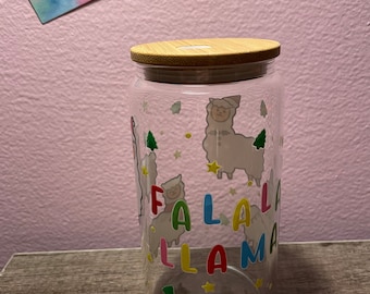 16 oz Libby Timber | Glass Can | Water Glass | Iced Coffee | Iced Tea | Beverage Container | Christmas | Fa La Llama | Llama | Fa La La