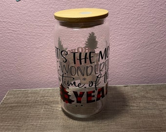 16 oz Libby Timber | Glass Can | Water Glass | Iced Coffee | Iced Tea | Beverage Container | Christmas | Wonderful | Time of Year |Stocking.