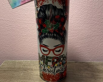 20 oz Skinny Tumbler | Skinny Tumbler | 20 oz Tumbler | Merry Christmas | Merry | Christmas | Messy Bun | Lights | Leopard