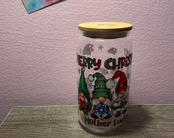 16 oz Libby Timber | Glass Can | Water Glass | Iced Coffee | Iced Tea | Beverage Container | Christmas | Merry Christmas | Gnome | Elf