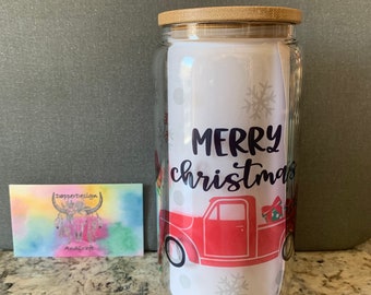 16 oz Libby Timber | Glass Can | Water Glass | Iced Coffee | Iced Tea | Beverage Container | Christmas | Merry Christmas | Truck | Tree