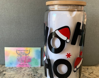 16 oz Libby Timber | Glass Can | Water Glass | Iced Coffee | Iced Tea | Beverage Container | Christmas | Santa Hat | Ho Ho Ho