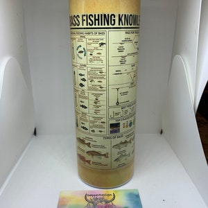 May include: A stainless steel tumbler with a brown and beige design featuring a guide to bass fishing. The design includes illustrations of different types of bass, fishing rigs, and feeding habits of bass. The text on the tumbler reads "Bass Fishing Knowledge".