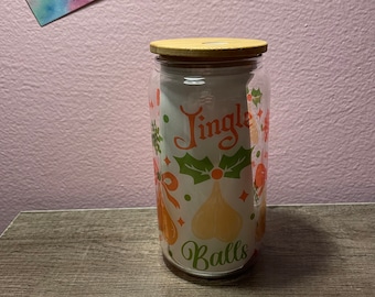 16 oz Libby Timber | Glass Can | Water Glass | Iced Coffee | Iced Tea | Beverage Container | Christmas | Jingle Balls | Balls | Nuts