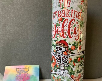 20 oz Skinny Tumbler | Skinny Tumbler | 20 oz Tumbler | Christmas | Skeleton | Santa Hat | Freaking Jolly