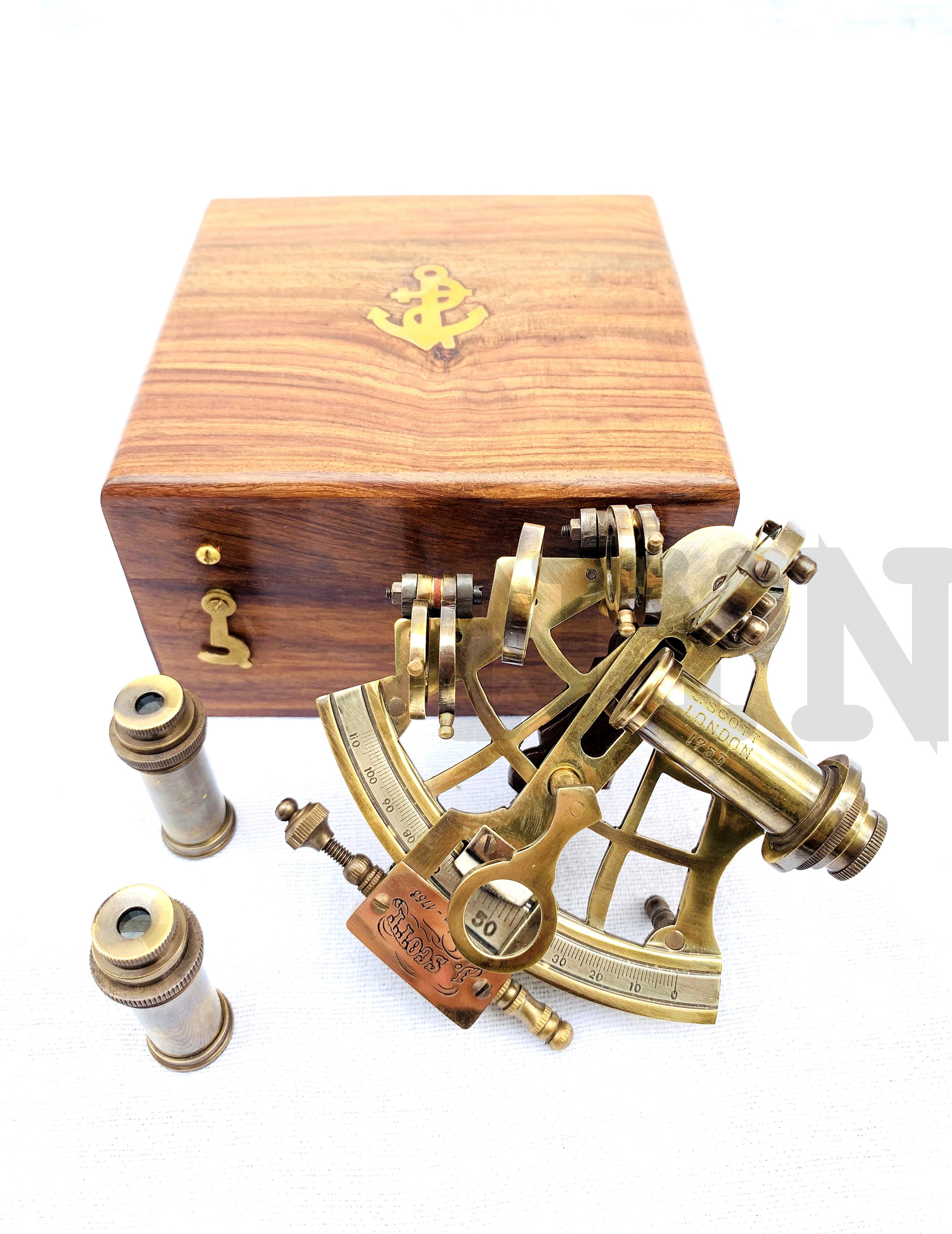 Antique Brass Navigation Instrument Sextant /4" Brass Nautical Marine W/Box 