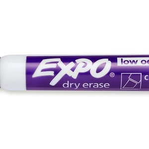 May include: Purple Expo dry erase marker with a chisel tip. The marker is labeled "low odor" and has a white barrel.