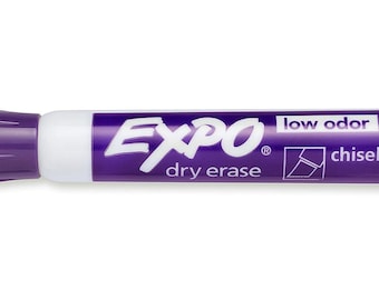 May include: Purple Expo dry erase marker with a chisel tip. The marker is labeled "low odor" and has a white barrel.