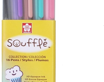 May include: A set of four Sakura Souffle 3D Opaque Ink pens in a clear plastic package. The pens are black, purple, pink, and turquoise. The package has a yellow background with the brand name and product information.